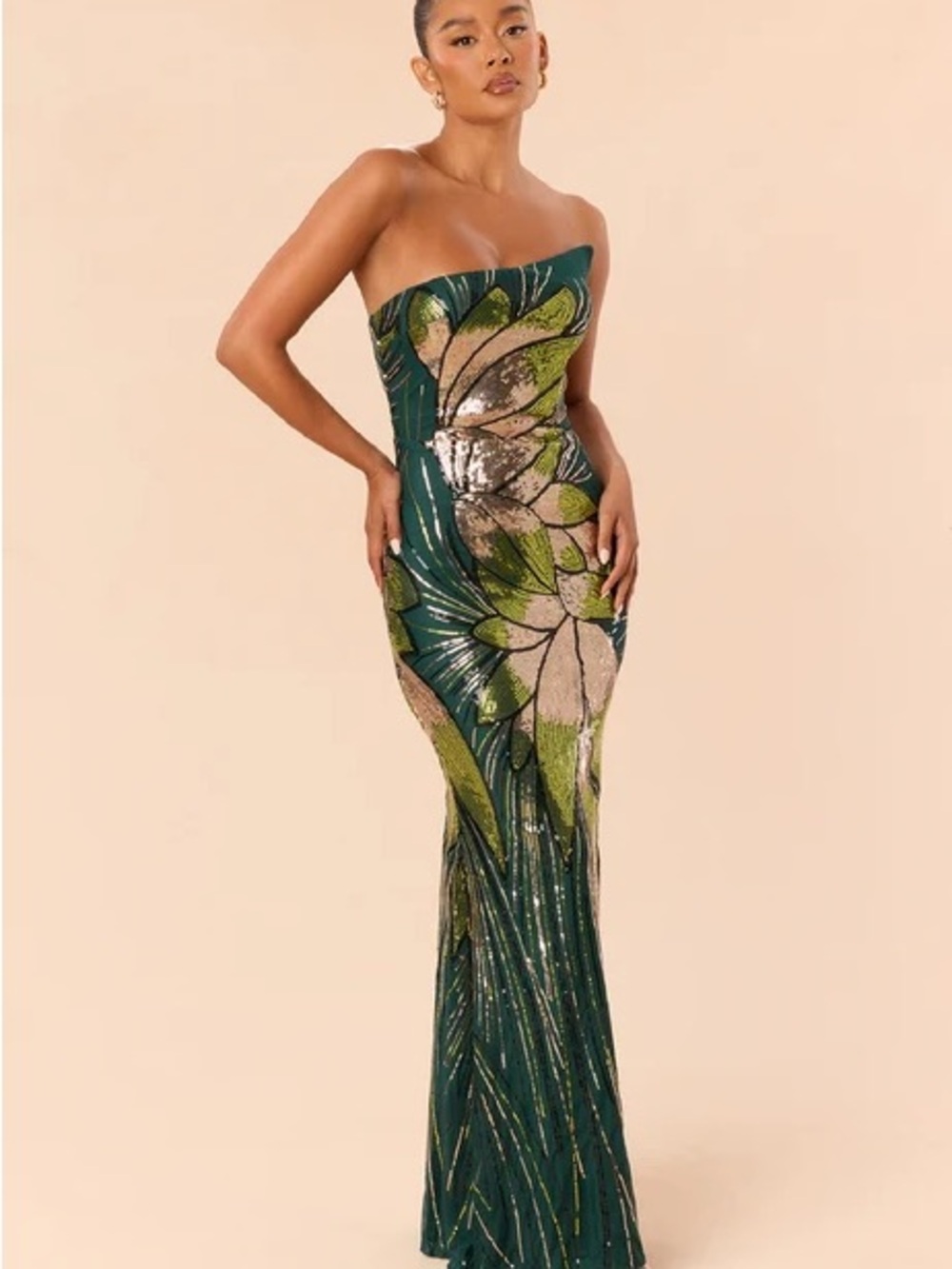 Fashion Nova Strapless Emerald & Lime Sequin Gown | Dayah Sequin Gown